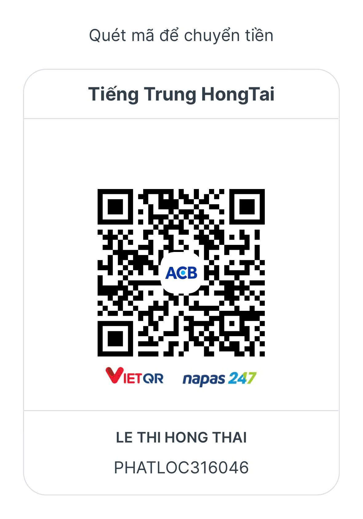 Mã QR Chuyển Khoản Ngân Hàng Tiếng Trung HongTai